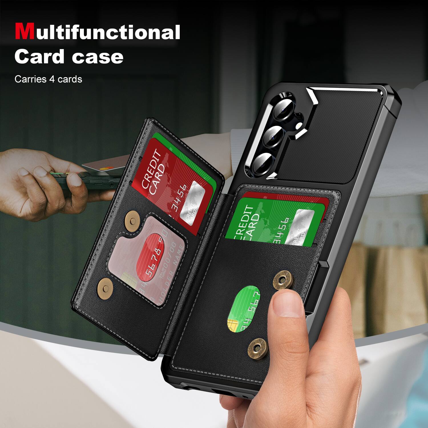 Multifunctional Card case Carries 4 cards

CREDIT CARD
3456 90 5678 78 400/00
NAME 56 YALP DER
HOLDER

CREDIT CARD
2P3
HE 456 REDIT RDS