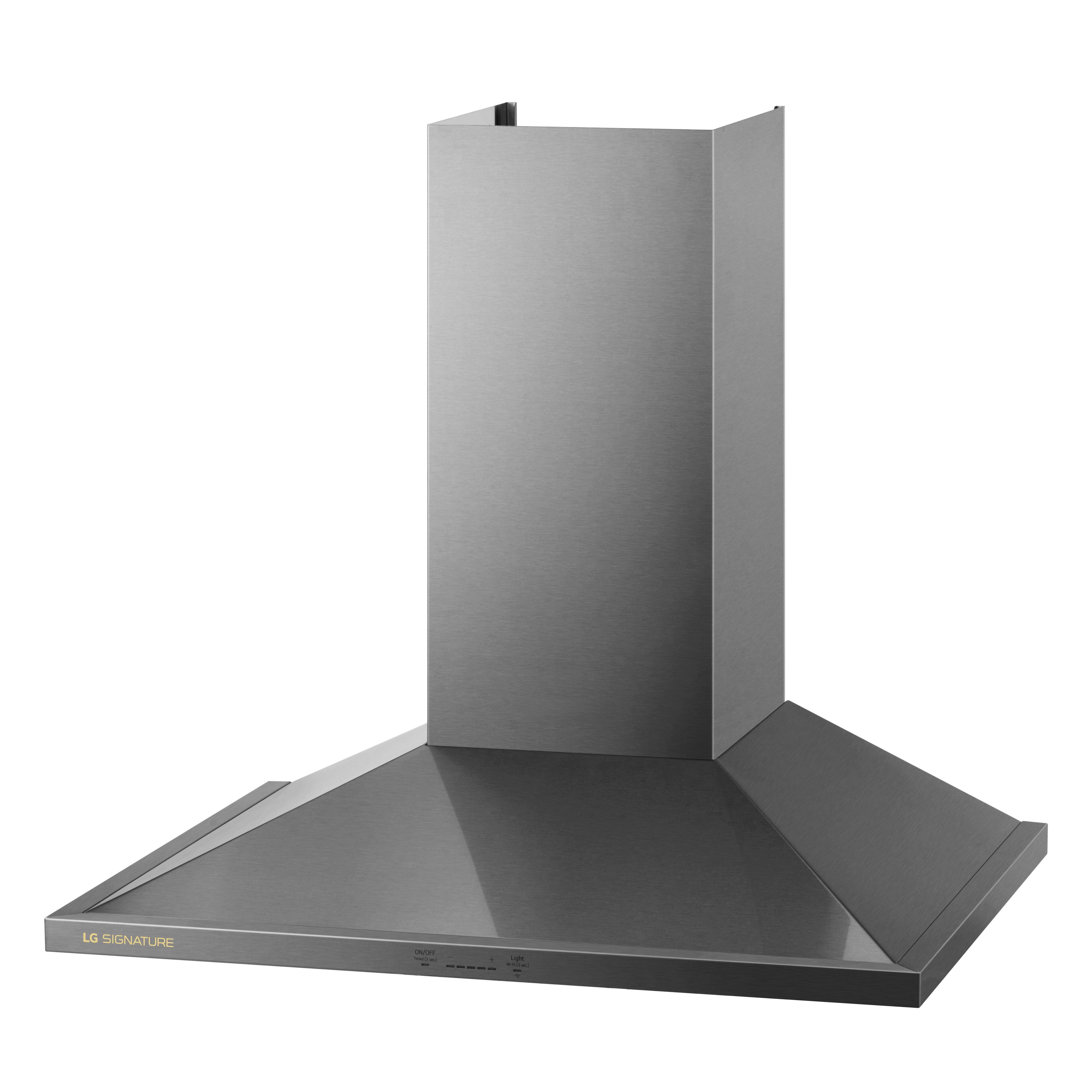 Left. LG - SIGNATURE 30" Externally Vented Wall Mount Smart Range Hood - Stainless Steel.