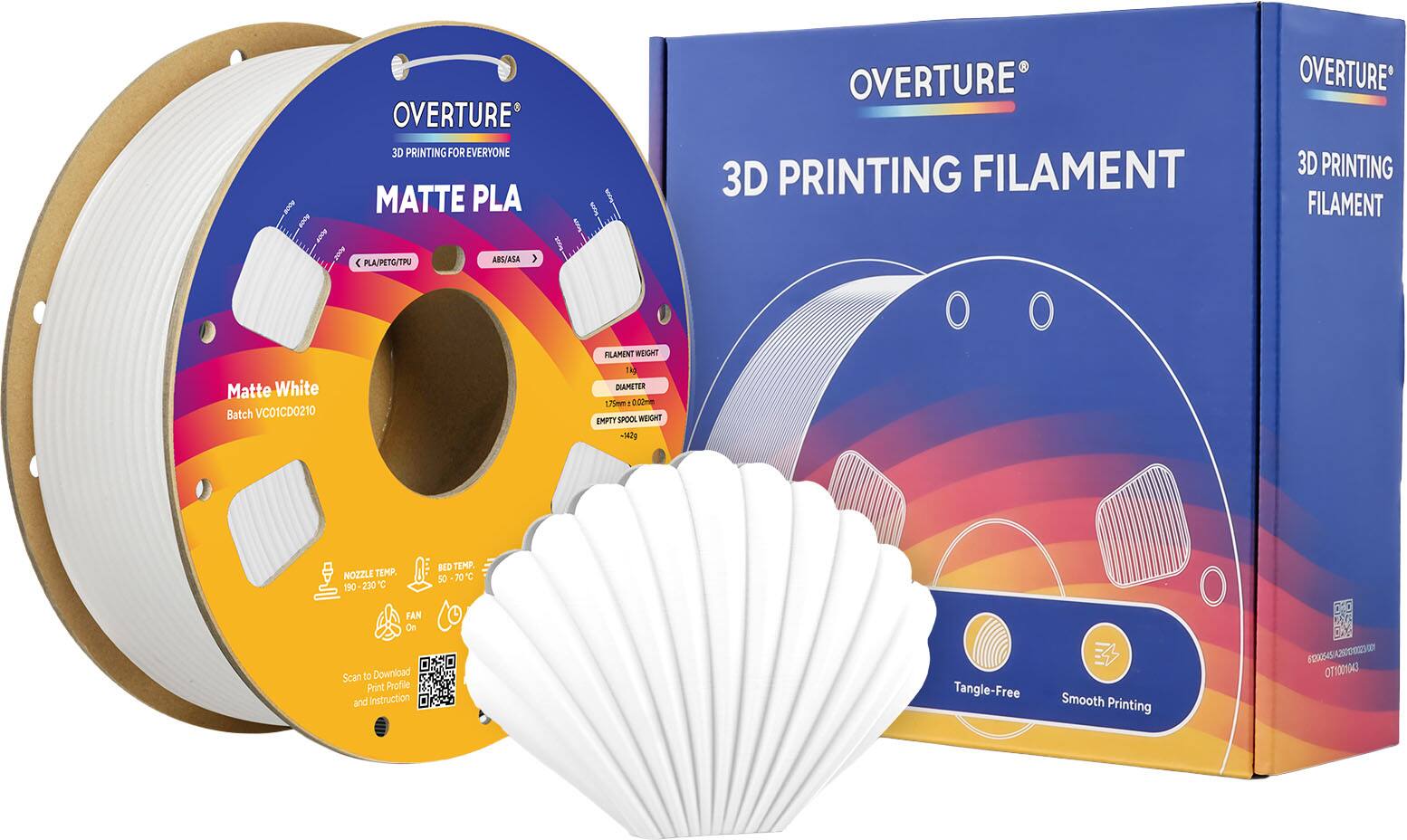 OVERTURE 3D PRINTING FOR EVERYONE  
MATTE PLA  
OVERTURE 3D PRINTING FILAMENT  
PLA/PETG/TPU ABS/ASA  

Matte White  
Batch VC01CD0210  

FILAMENT WEIGHT: 1kg  
DIAMETER: 1.75mm  
EMPTY SPOOL WEIGHT: 342g  

NOZZLE TEMP: 190-230°C  
BED TEMP: 50-70°C  
FAN: On  

Scan to Download Print Profile and Instruction  

Tangle-Free Smooth Printing