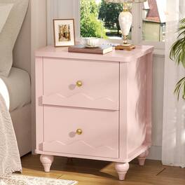 Aheaplus - Nightstand with 2 Drawers, Farmhouse Nightstand with Charging Station - Pink