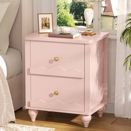 Front. Aheaplus - Nightstand with 2 Drawers, Farmhouse Nightstand with Charging Station - Pink.