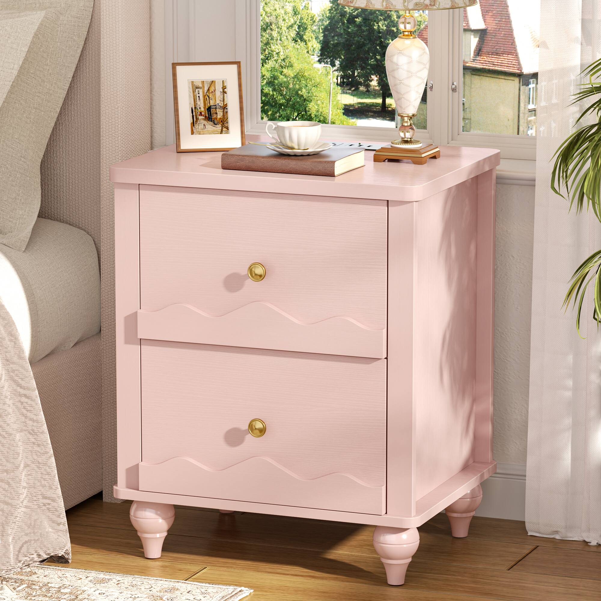 Front. Aheaplus - Nightstand with 2 Drawers, Farmhouse Nightstand with Charging Station - Pink.