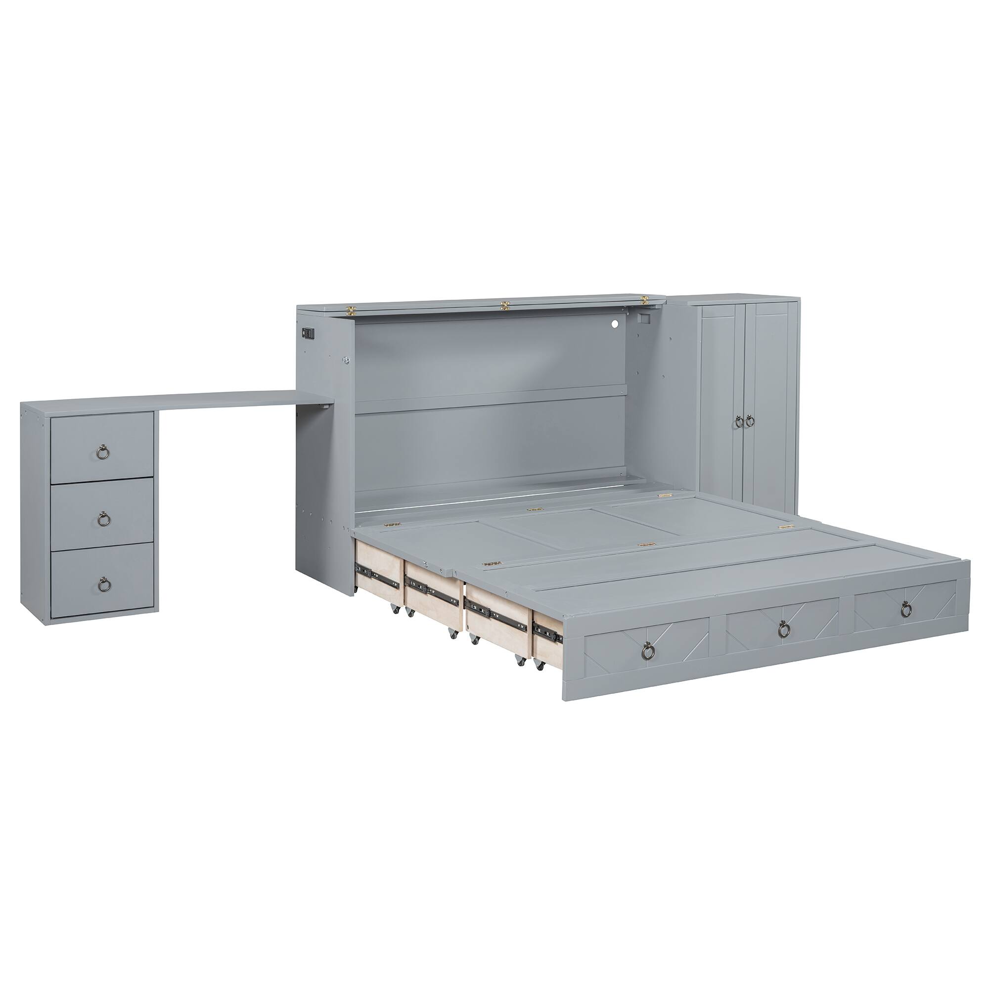 Alt View 6. Tiramisubest - Queen Size Murphy Bed with USB, Drawer, Wardrobe/Desk - Gray Wood+MDF Cabinet Bed - Gray.