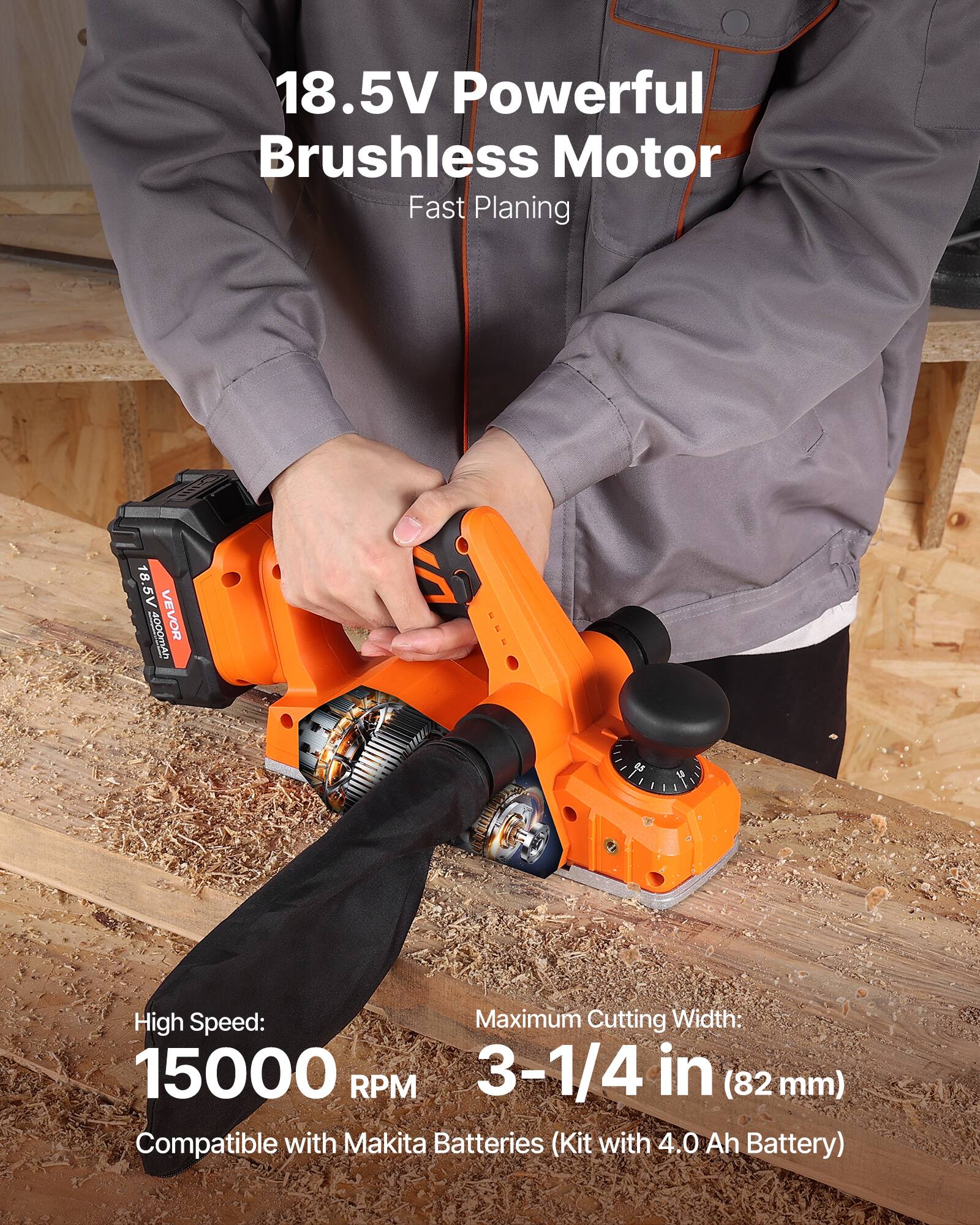 18.5V Powerful Brushless Motor  
Fast Planing  

High Speed: 15000 RPM  
Maximum Cutting Width: 3-1/4 in (82 mm)  
Compatible with Makita Batteries (Kit with 4.0 Ah Battery)