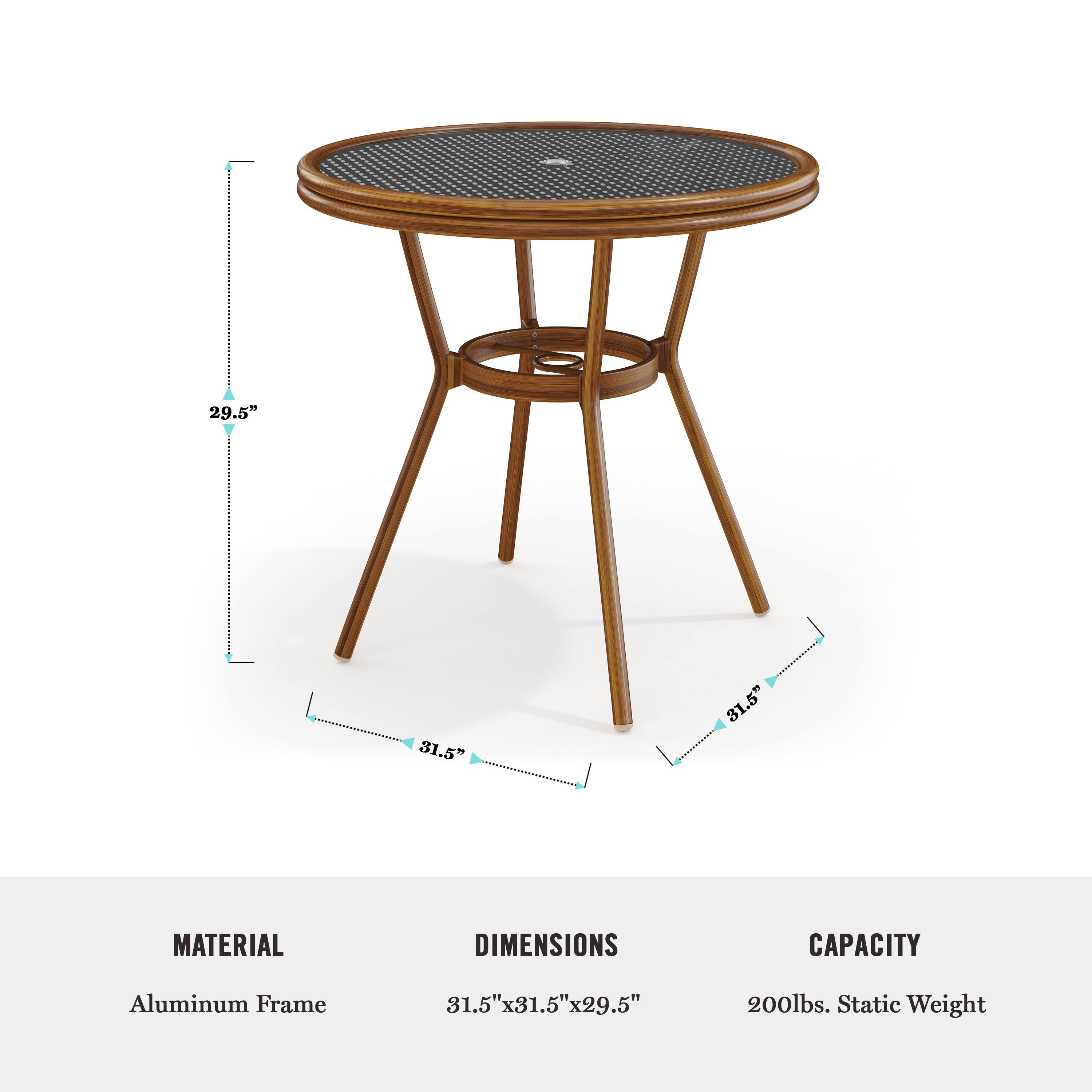 The image features a wooden table with a metal frame, accompanied by a chair. The table is described as having a 31.5-inch diameter, with a 31.5-inch x 31.5-inch x 29.5-inch aluminum frame. The table is also noted to have a 200-pound static weight capacity. The chair is placed next to the table, completing the setup.