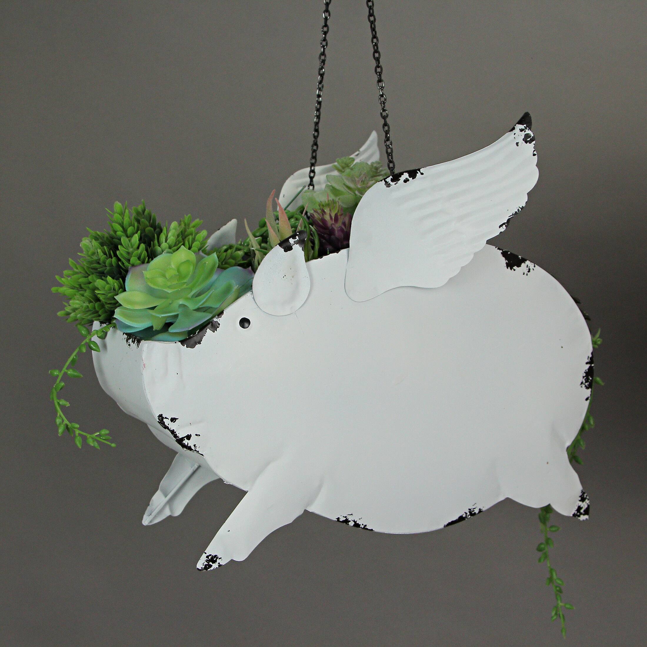 Alt View 7. Zeckos - Metal Distressed White Flying Pig Hanging Planter Set Large & Small Flower Pots - White.
