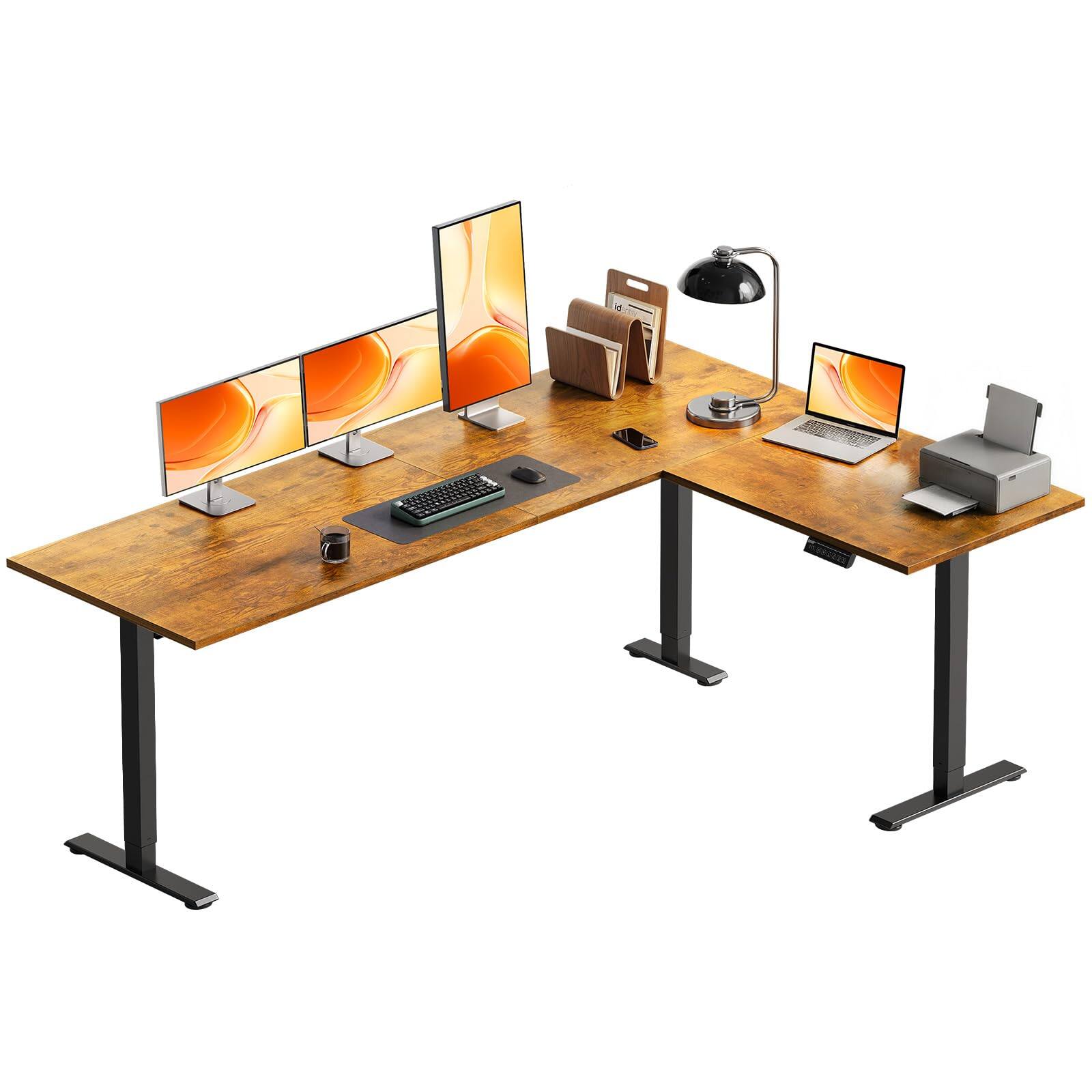 Front. OffiGo - Reversible L Shaped Electric Standing Desk, Height Adjustable Corner Stand Up Computer Table for Home Office - Rustic Brown.