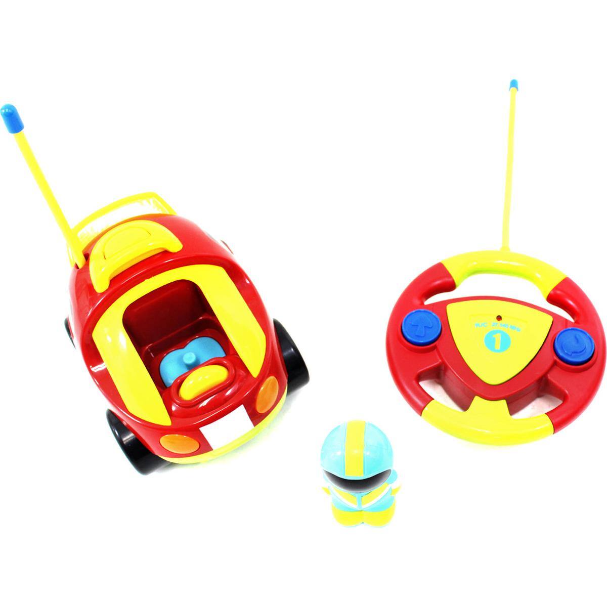 Left. JuzToys - 4" Cartoon Remote Control Race Car – Flashing Lights, Honking Sounds, and Removable Figure, RC Toys for Kids – Red - Red.