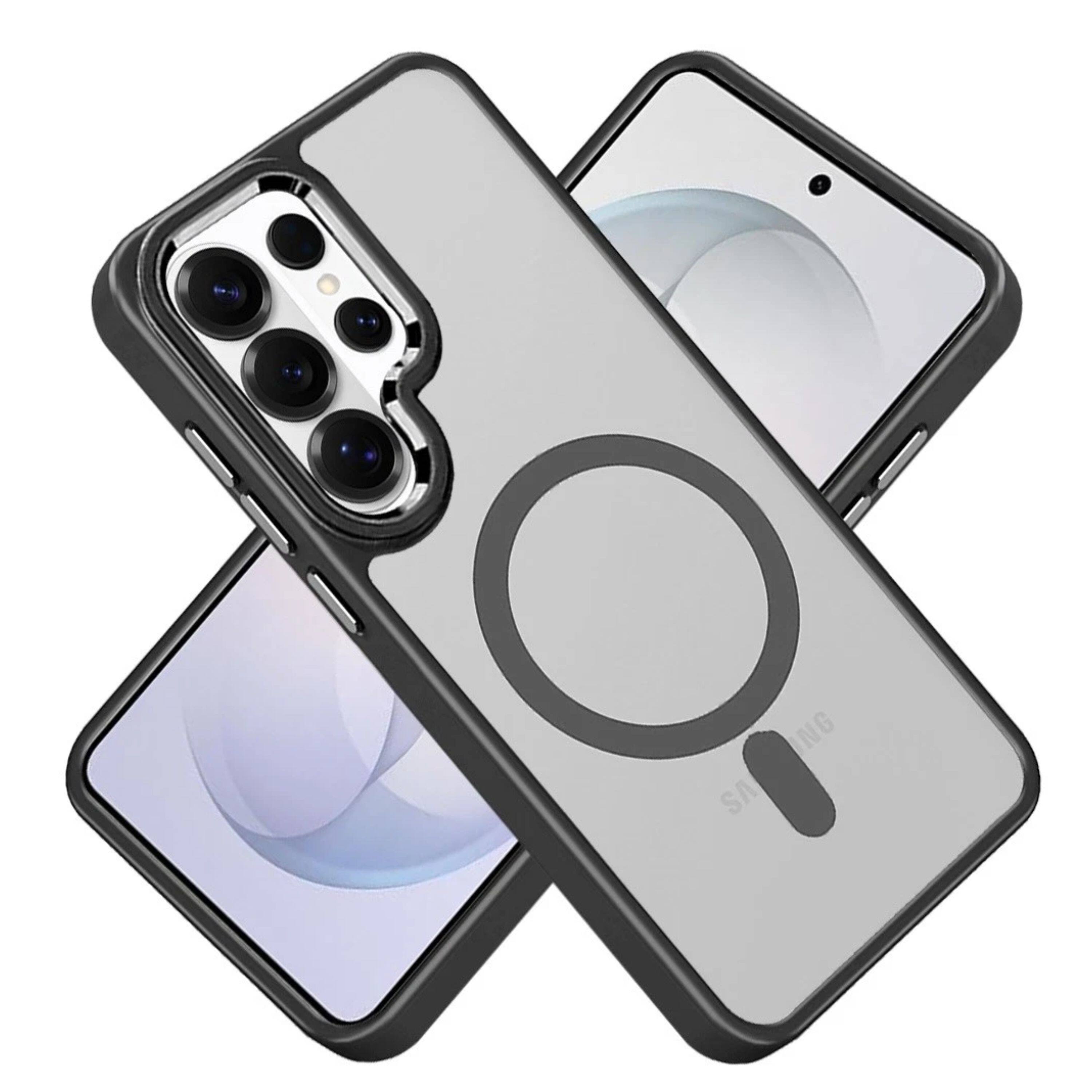 Left. Kitcheniva - Hybrid Magnetic Ring Metal Buttons Phone Case With Tempered Glass For Samsung S26 Ultra - Black.