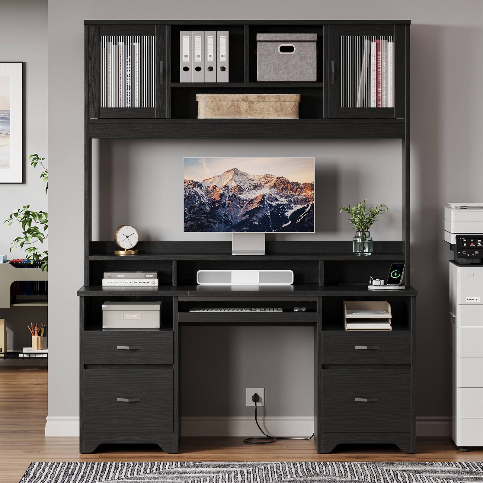 Back. Bestier - 59-inch Computer Desk with Hutch, Charging Station, Fluted Storage Cabinet and Keyboard Tray - Black.