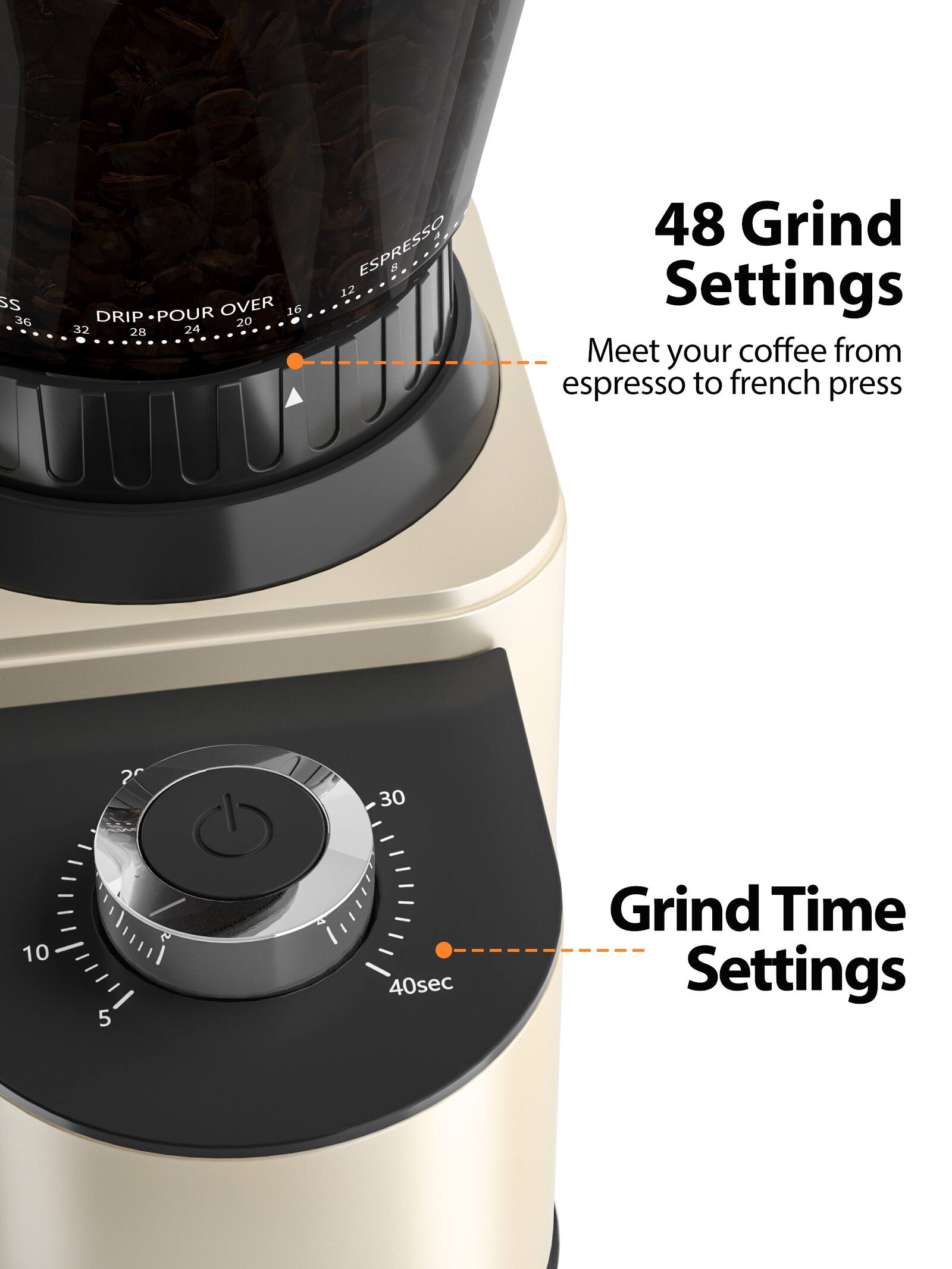 SS 36 DRIP POUR OVER 16 20 32 28 24 ESPRESSO 8 12 48 Grind Settings Meet your coffee from espresso to french press 2 30 10 5 40sec Grind Time Settings