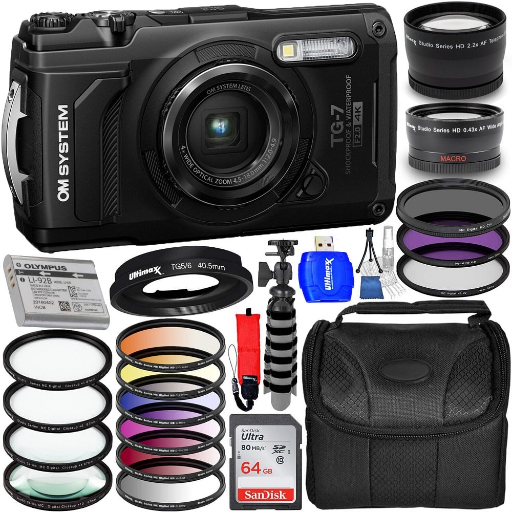 OM System - Tough TG-7 Digital Camera (Black) V110030BU000 - 12PC Accessory Bundle