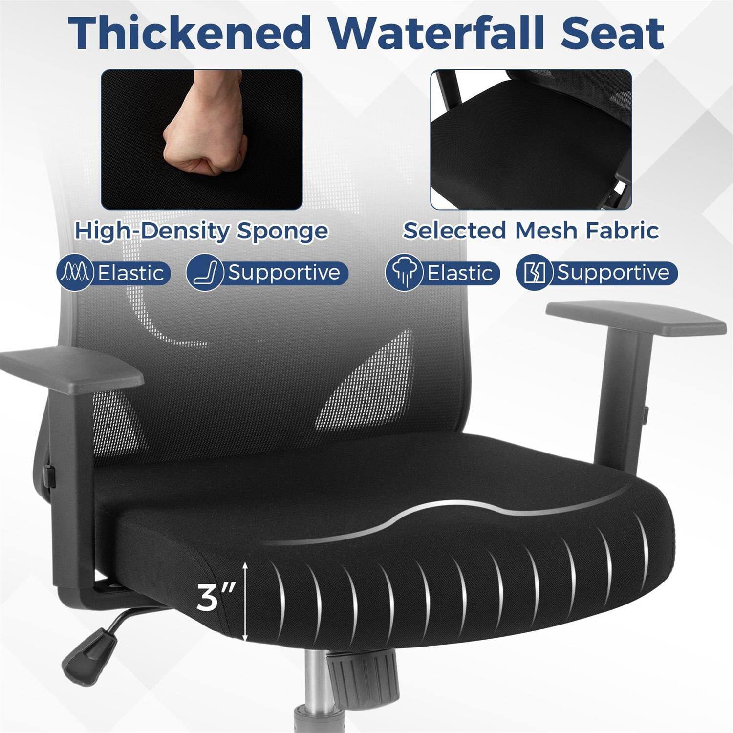 Thickened Waterfall Seat

- High-Density Sponge
  - Elastic
  - Supportive

- Selected Mesh Fabric
  - Elastic
  - Supportive

3"