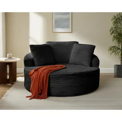 Front. Yardgrace - Oversized 55.1" Round Corduroy Chaise Lounge – Deep Seat Cloud Sofa, No Assembly Needed - Black.