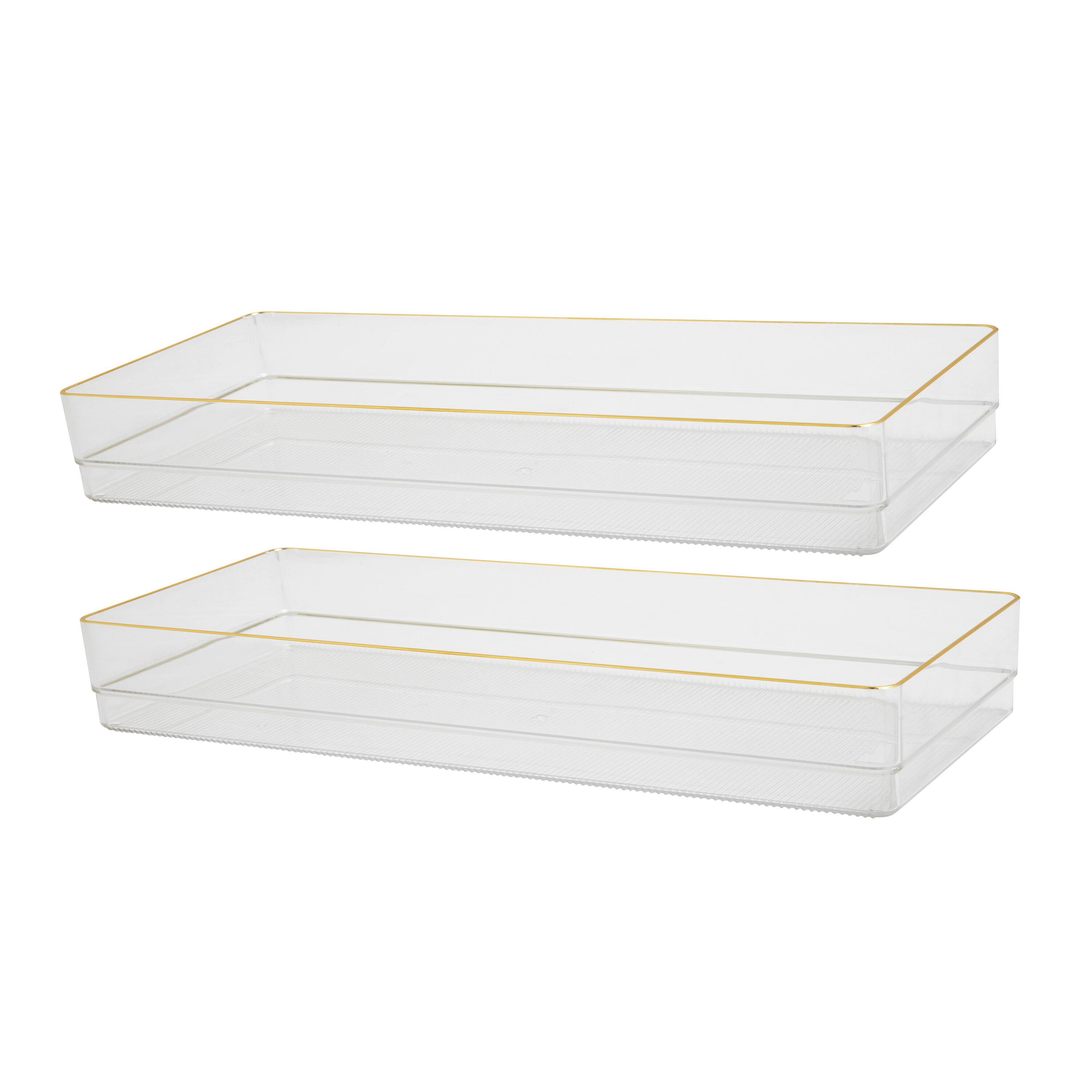 Front. Martha Stewart - Kerry Set of 2 Plastic Stacking Desk Drawer Organizers with Gold Trim - 15 x 6 - Clear/Gold Trim.