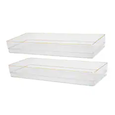 Front. Martha Stewart - Kerry Set of 2 Plastic Stacking Desk Drawer Organizers with Gold Trim - 15 x 6 - Clear/Gold Trim.