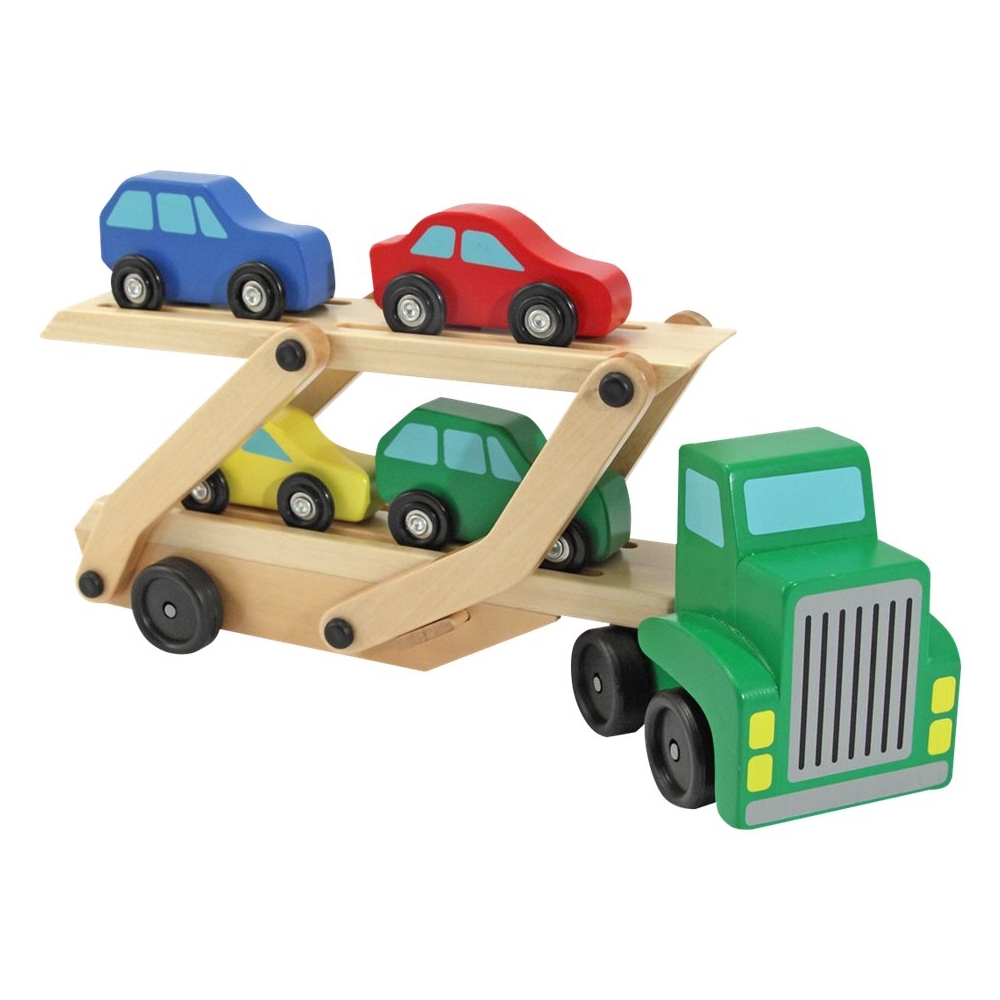 Left View: Melissa & Doug Car Carrier Truck and Cars Wooden Toy Set With 1 Truck and 4 Cars