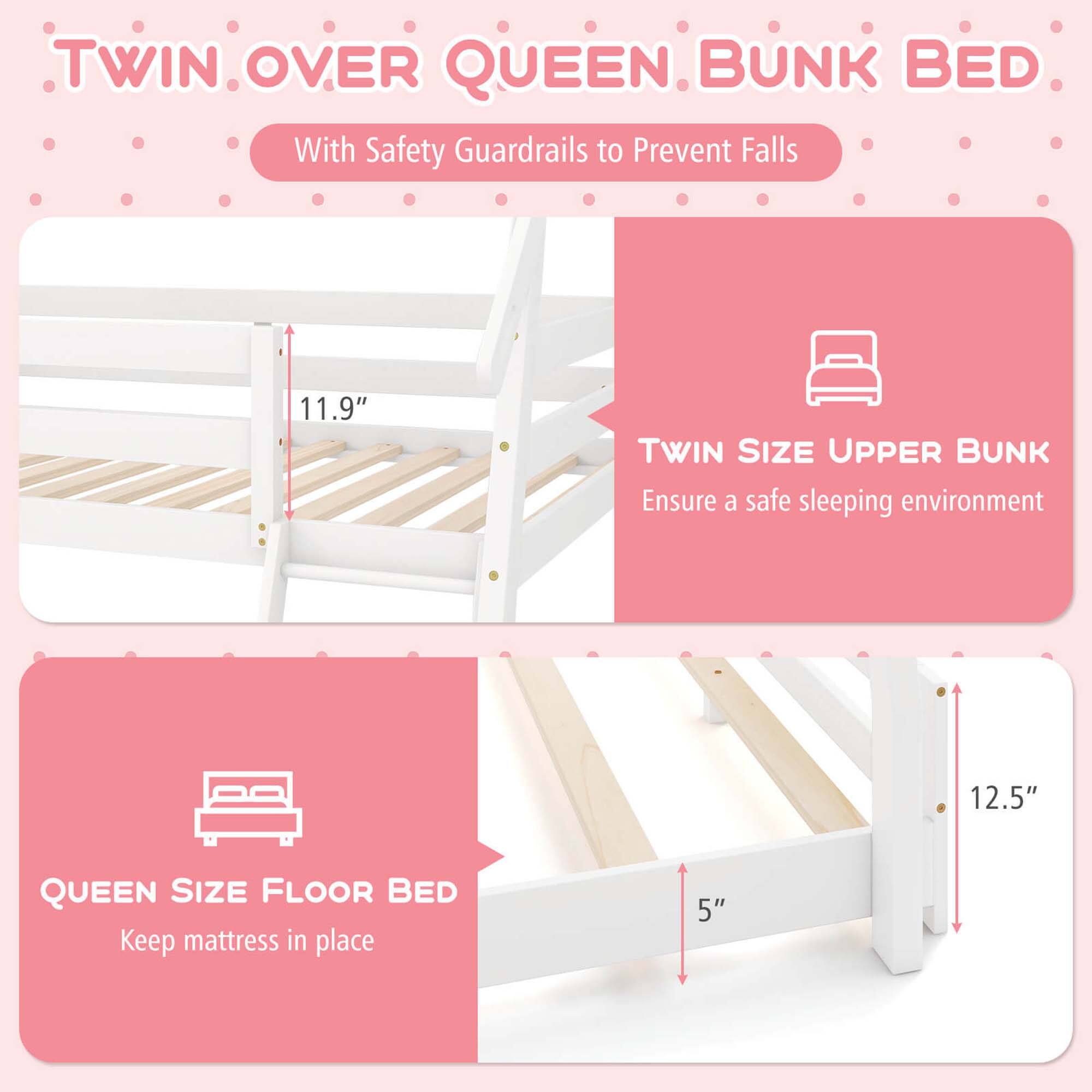 TWIN OVER QUEEN BUNK BED  
With Safety Guardrails to Prevent Falls  

TWIN SIZE UPPER BUNK  
Ensure a safe sleeping environment  

QUEEN SIZE FLOOR BED  
Keep mattress in place  

11.9"  
12.5"  
5"