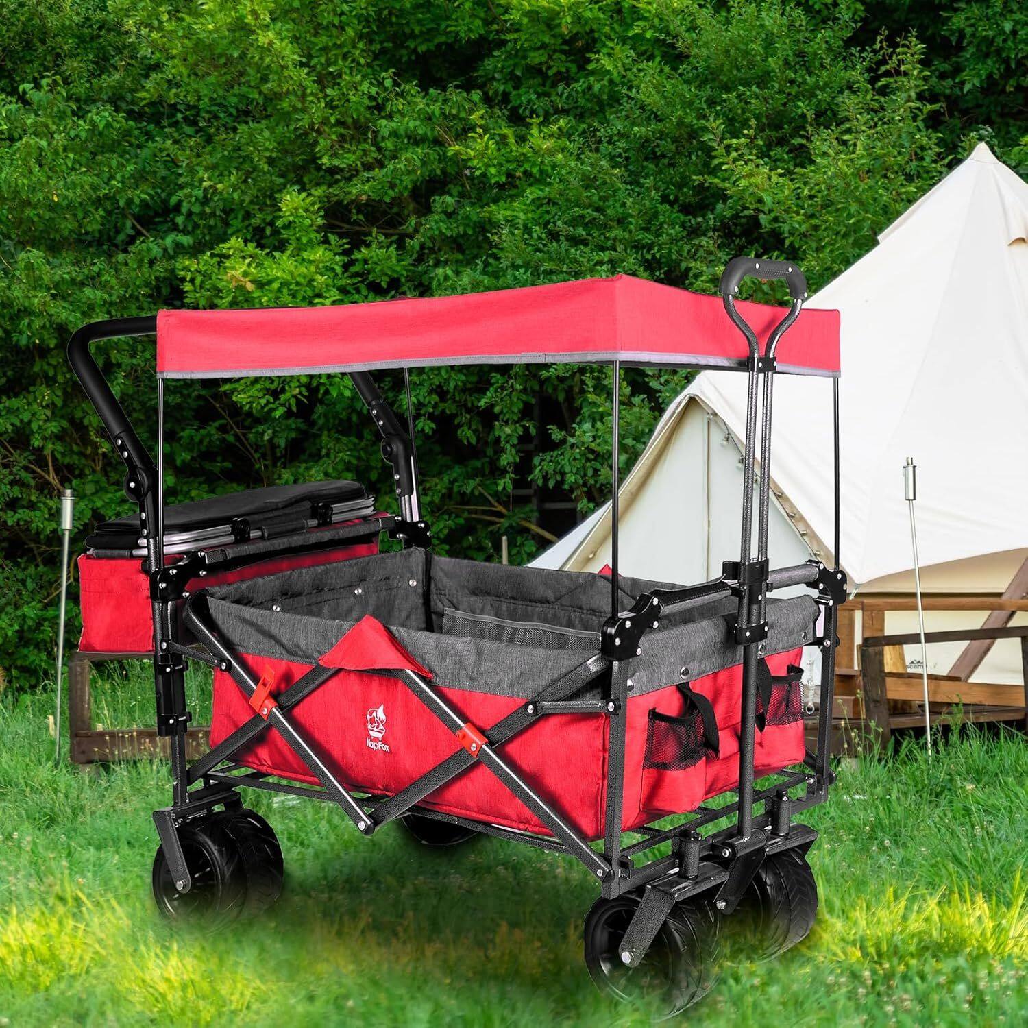 Angle. Loheer - Loheer Collapsible Wagon with Canopy, All Terrain Folding Cart with Brakes for Beach Camping Shopping.