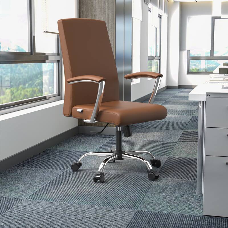 Left. LeisureMod - Evander Modern Office Chair with Faux Leather, Aluminum Frame, Foam Seat, Swivel & Fixed Arms - Dark Brown.