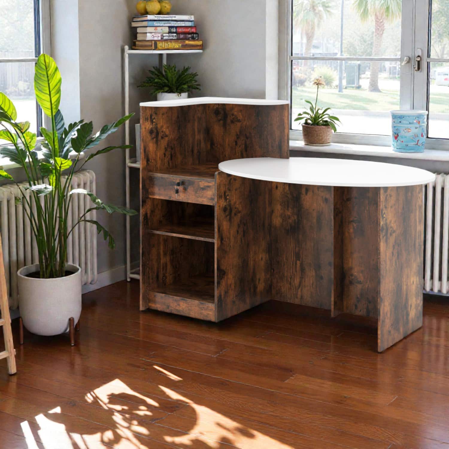 Hivvago - Modern Office Front Desk with Rounded Oval Workspace - Rustic Brown