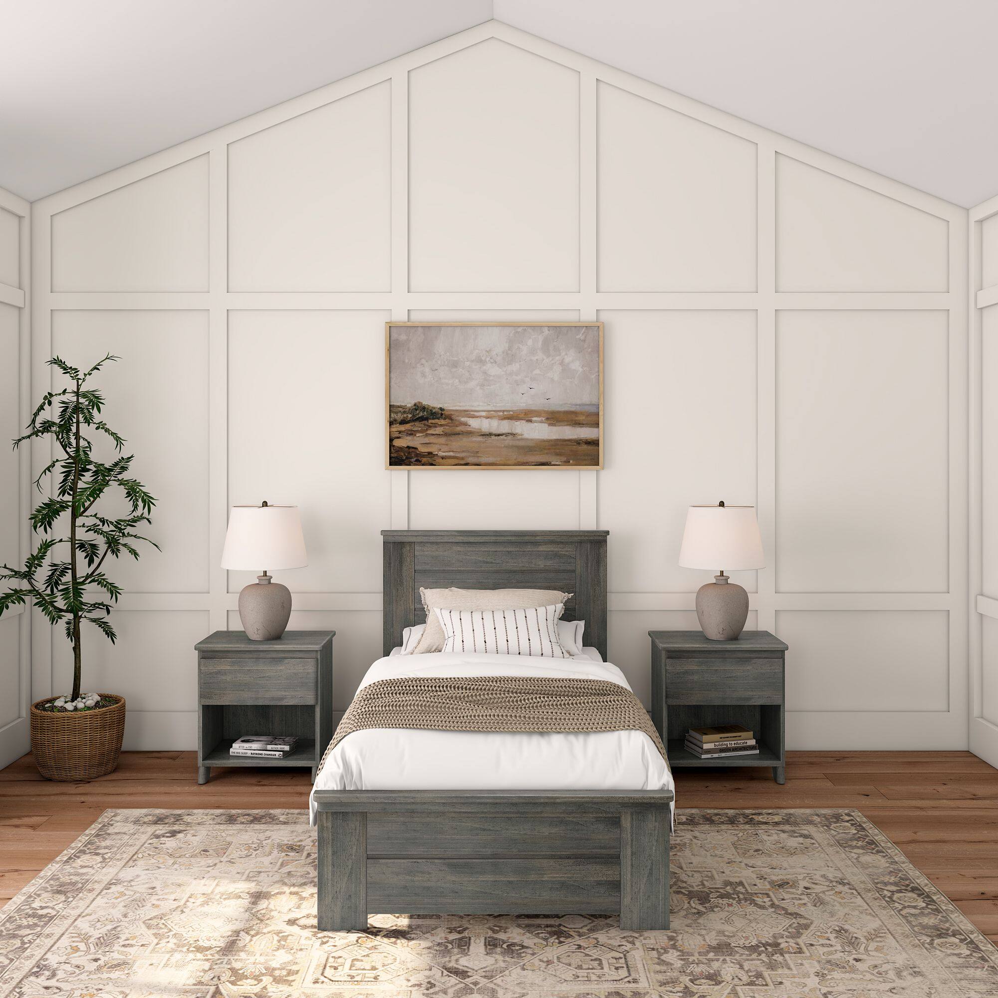 Alt View 1. Plank+Beam - Farmhouse Twin Bed with Panel Headboard, Driftwood - Driftwood.