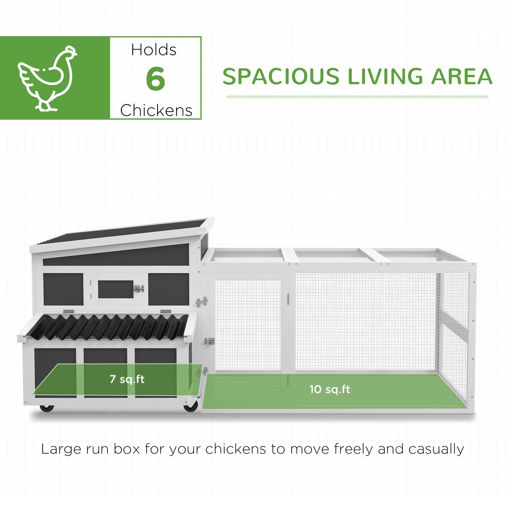 Holds 6 Chickens

SPACIOUS LIVING AREA

7 sq.ft

10 sq.ft

Large run box for your chickens to move freely and casually