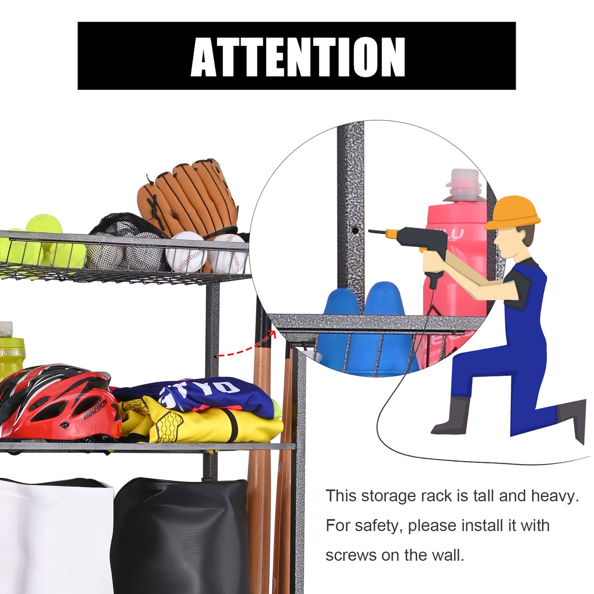 ATTENTION

This storage rack is tall and heavy. For safety, please install it with screws on the wall.