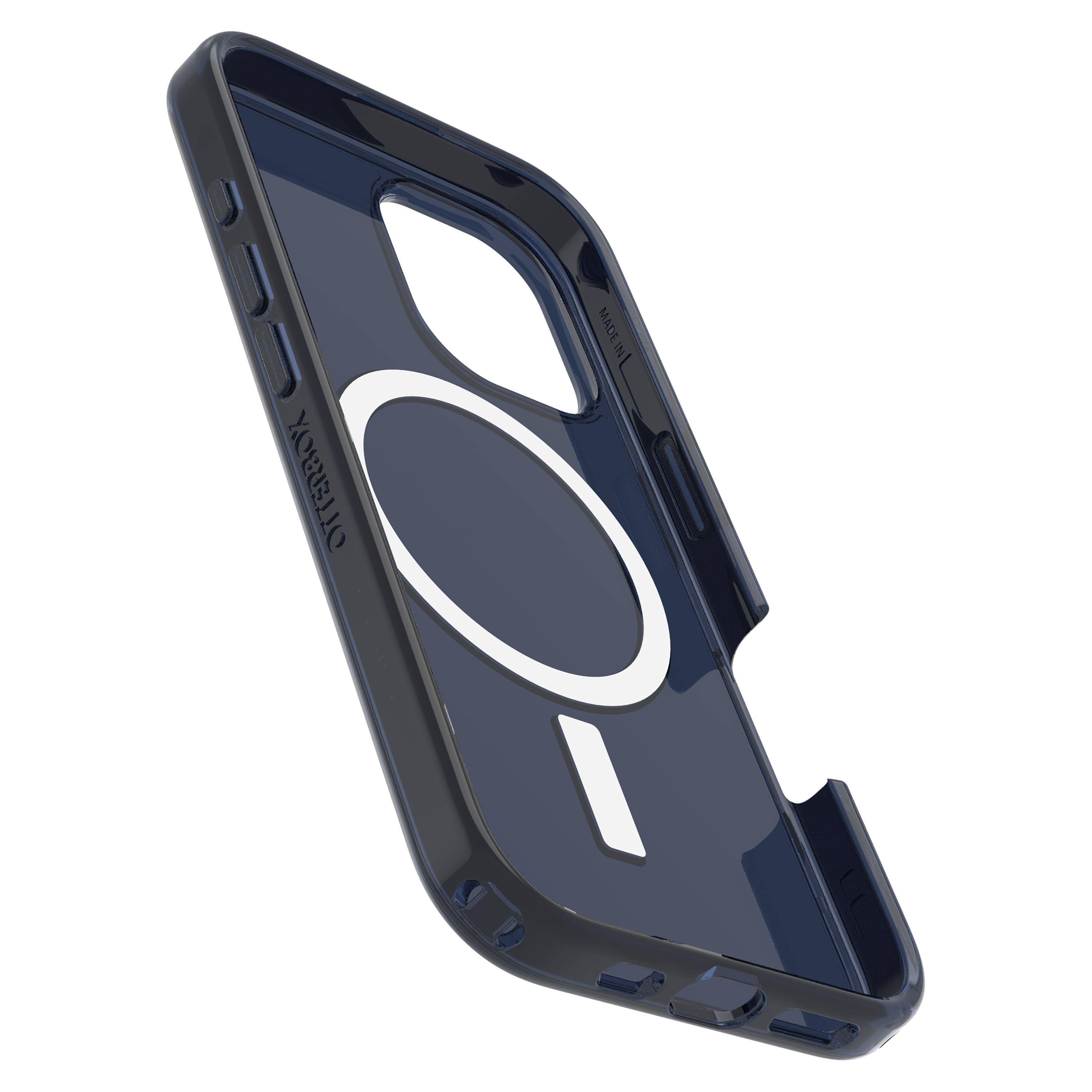 The image features a blue Otterbox case for a cell phone. The case is designed to protect the phone and has a clear cover on the front. The case is made in the USA, ensuring quality and durability. The case is displayed in a white background, highlighting its design and features.