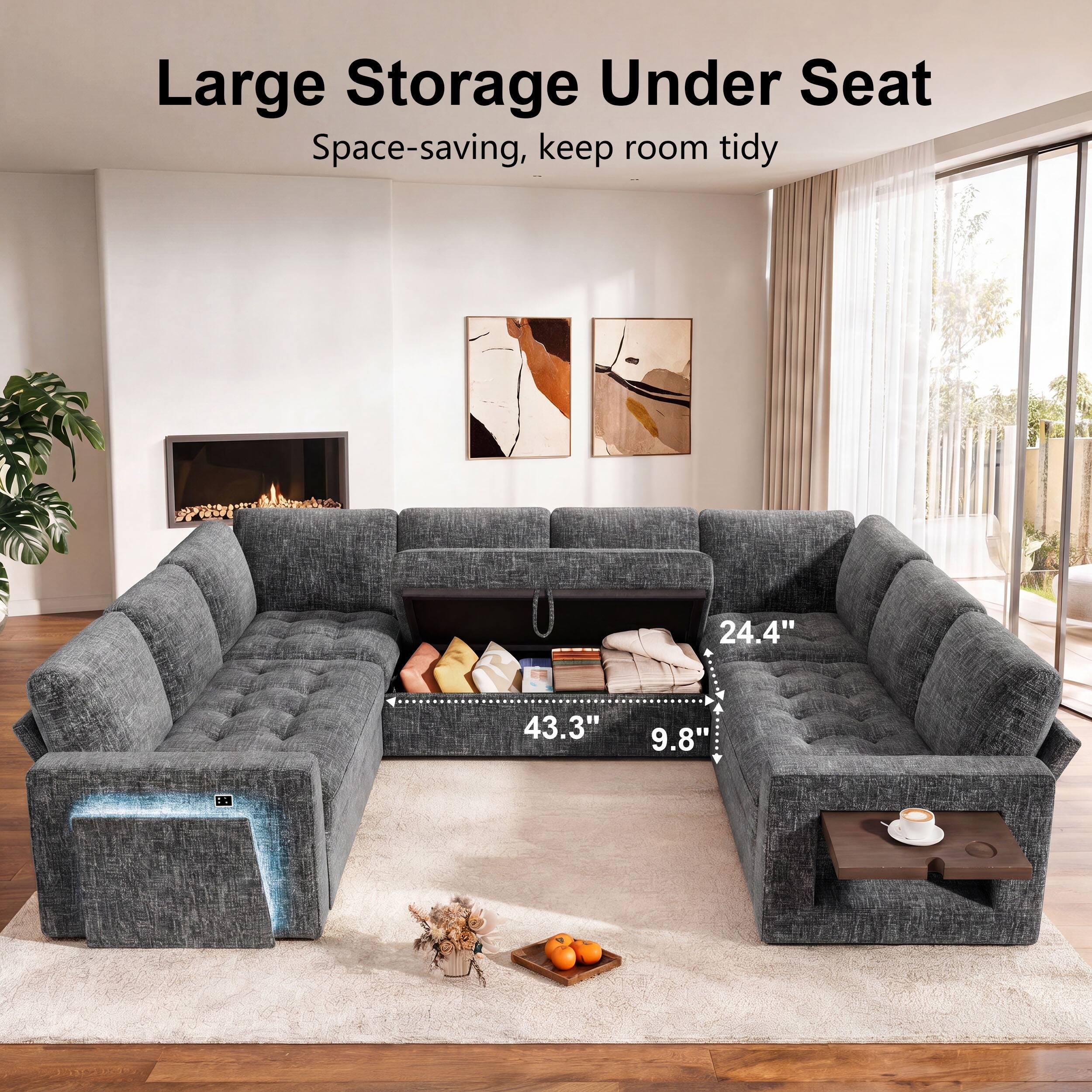Large Storage Under Seat  
Space-saving, keep room tidy  

24.4"  
43.3"  
9.8"