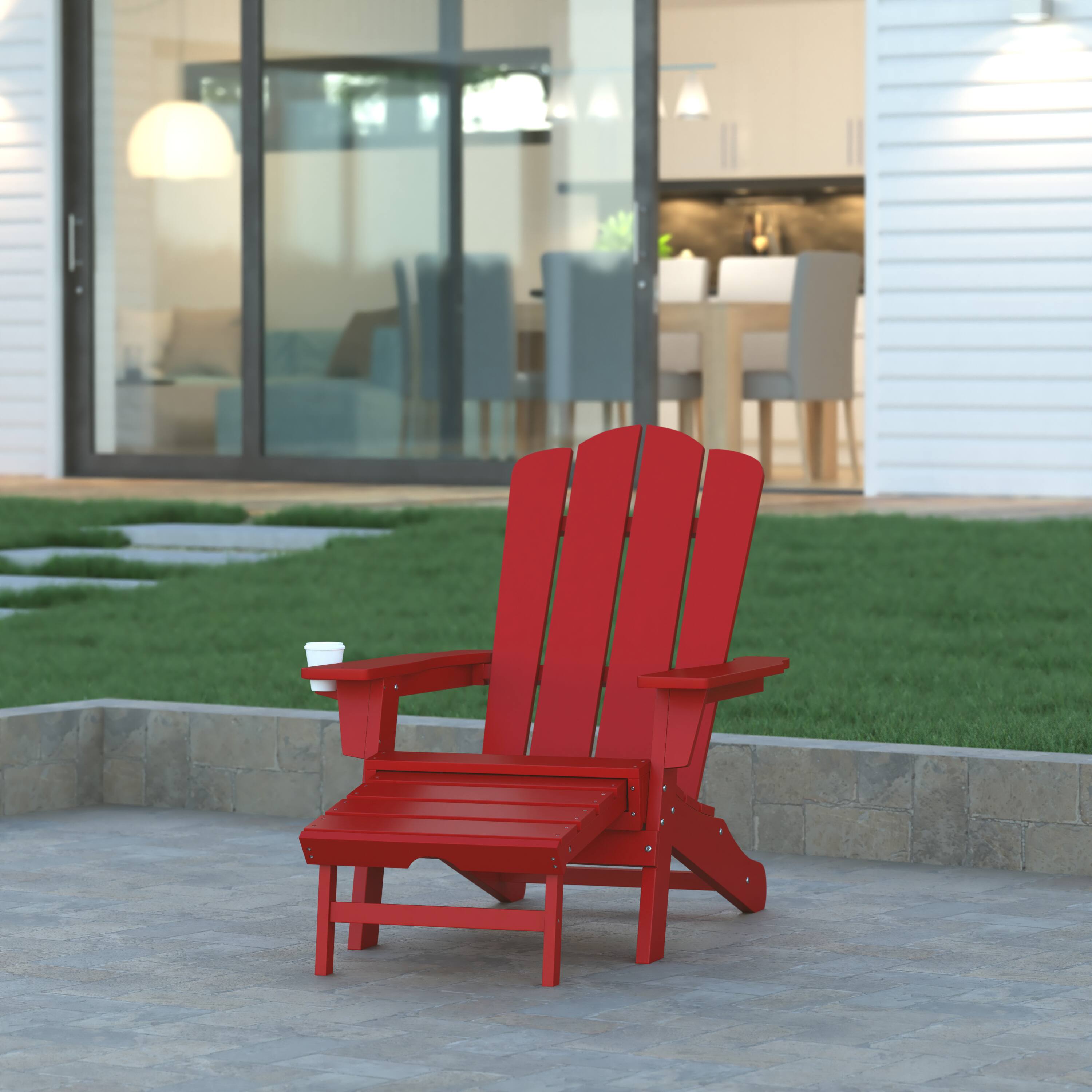 Alt View 1. Emma + Oliver - Tiverton Adirondack Chair with Cup Holder and Pull Out Ottoman, All-Weather HDPE Indoor/Outdoor Lounge Chair - Red.