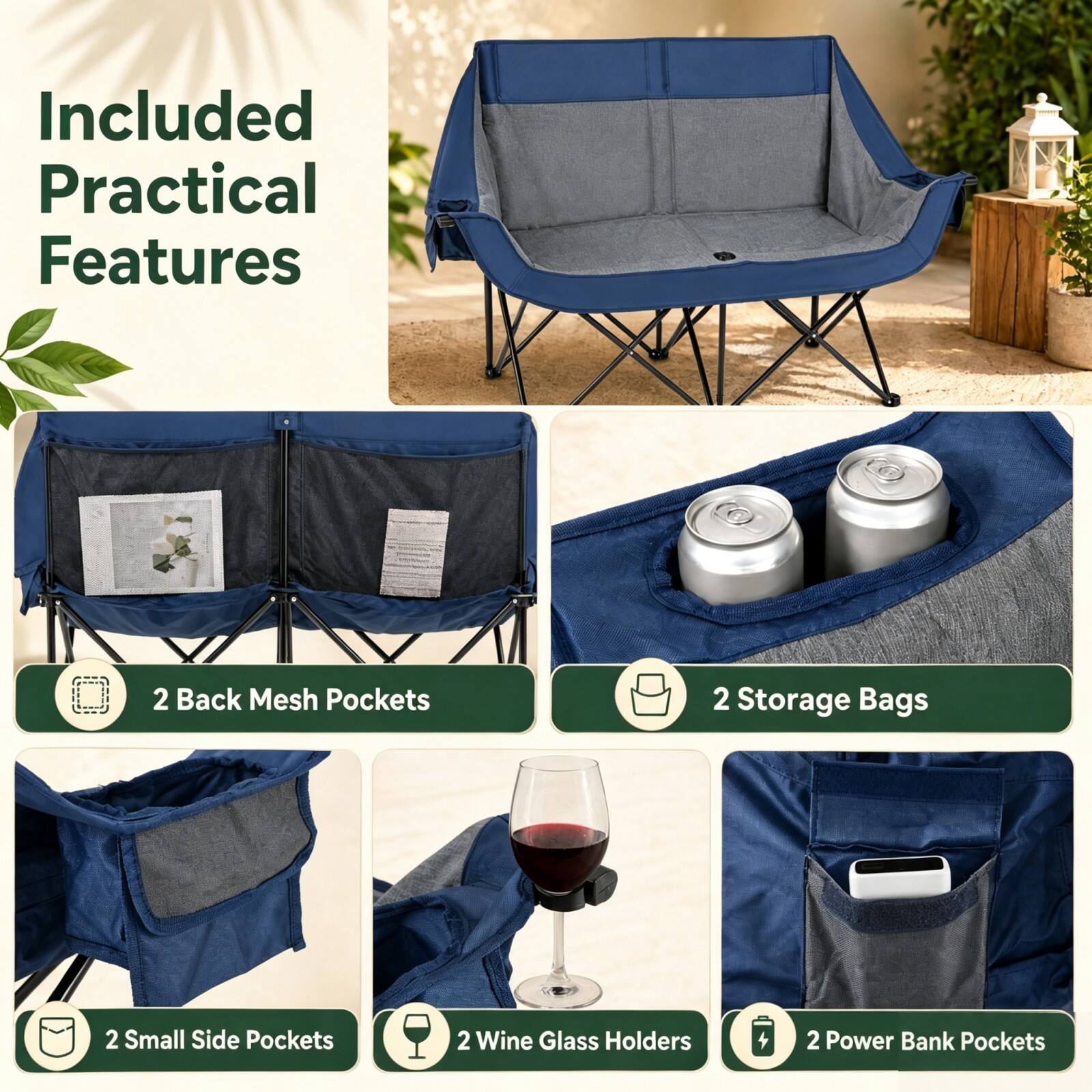 Included Practical Features
- 2 Back Mesh Pockets
- 2 Storage Bags
- 2 Small Side Pockets
- 2 Wine Glass Holders
- 2 Power Bank Pockets