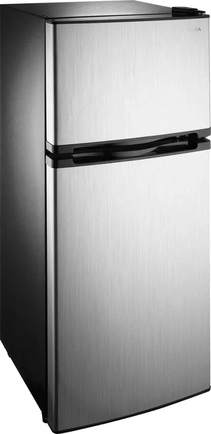 Left. Insignia™ - 4.3 Cu. Ft. Mini Fridge with Top Freezer and ENERGY STAR Certification - Stainless steel.