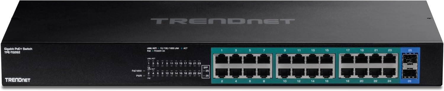 TRENDnet Gigabit PoE+ Switch  
TPE-TG262  

Gigabit PoE+ Switch  
TPE-TG262  

LINK/ACT: 10/100/1000  
PoE MAX: 2  
PWR: POWER OK  

LINK/ACT: 1 3 5 7 9 11 13 15 17 19 21 23 25  
LINK/ACT: 2 4 6 8 10 12 14 16 18 20 22 24 26  

SFP: 25