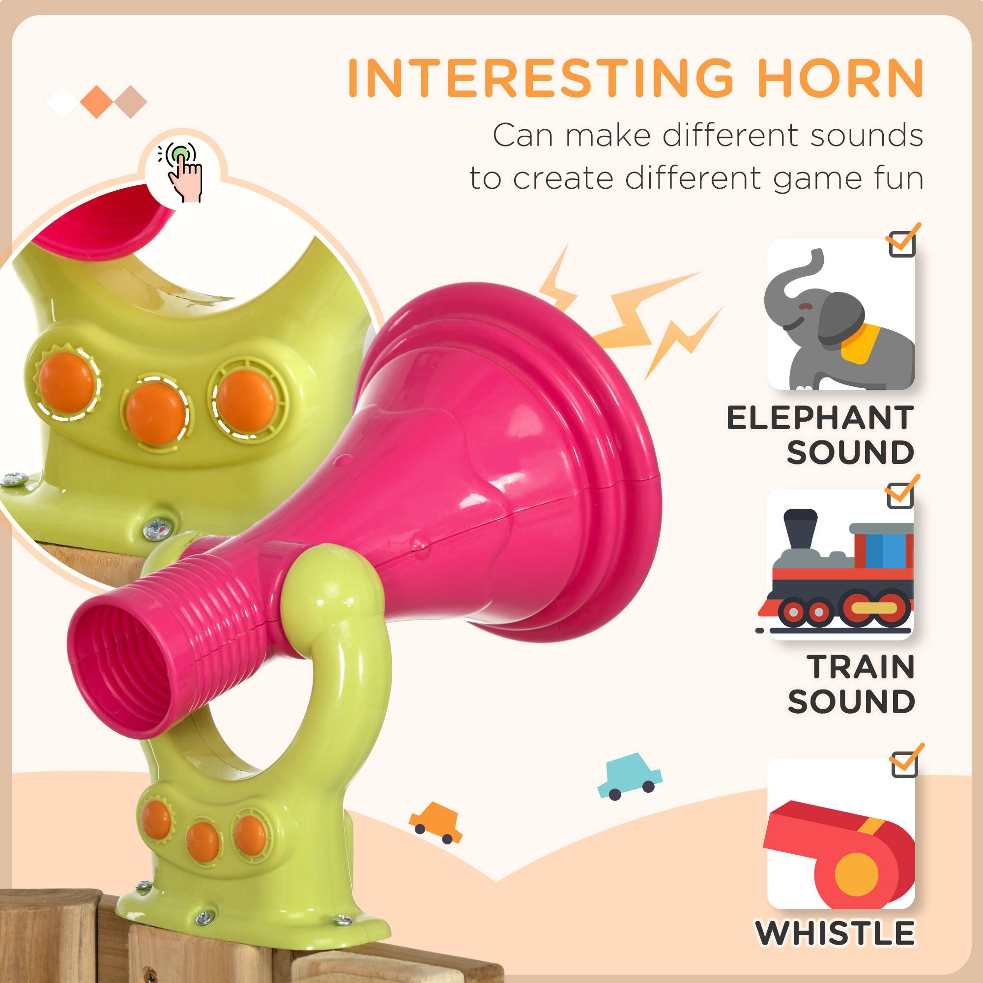 INTERESTING HORN  
Can make different sounds to create different game fun  

ELEPHANT SOUND  
TRAIN SOUND  
WHISTLE
