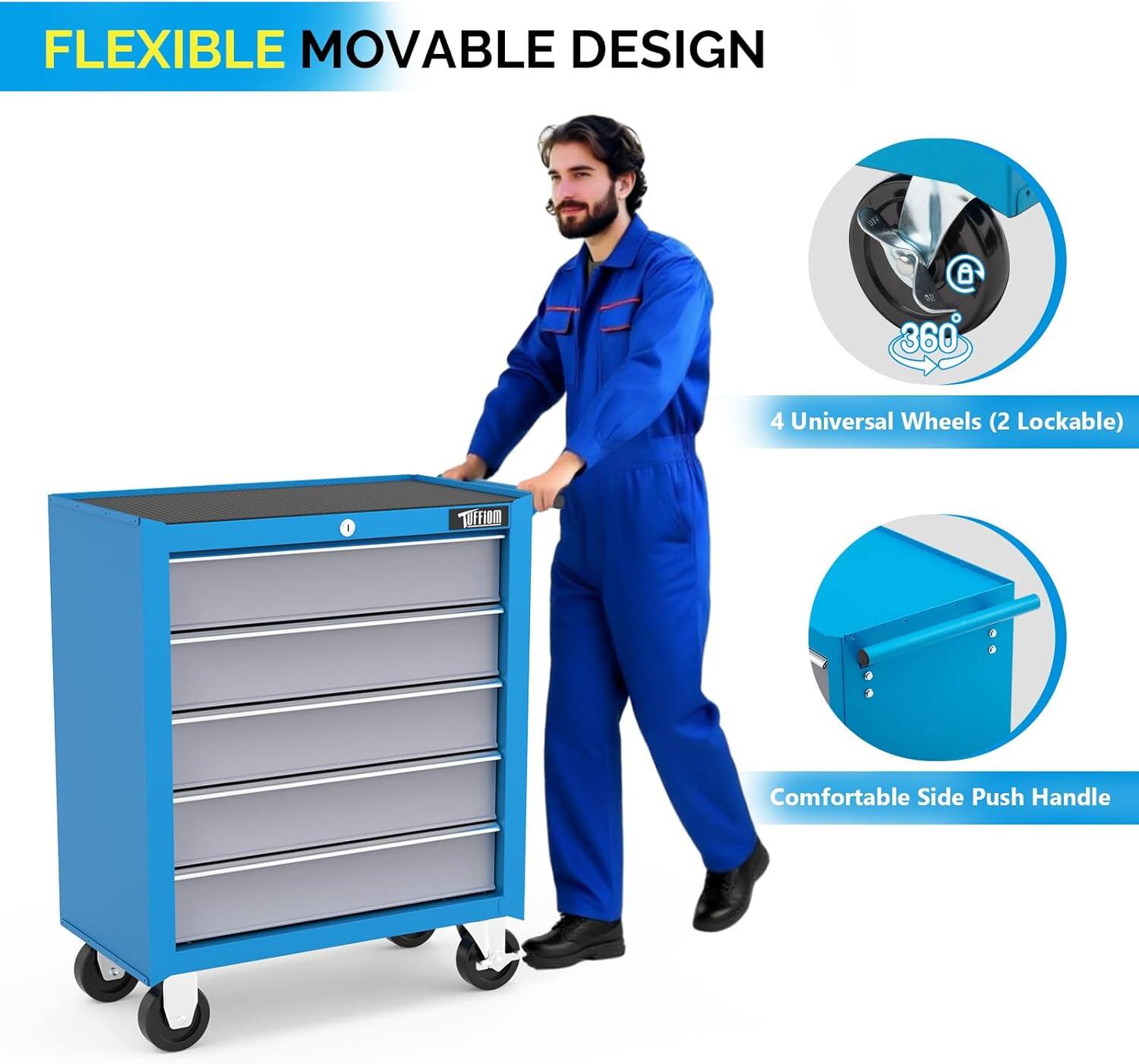 FLEXIBLE MOVABLE DESIGN

- 4 Universal Wheels (2 Lockable)
- Comfortable Side Push Handle