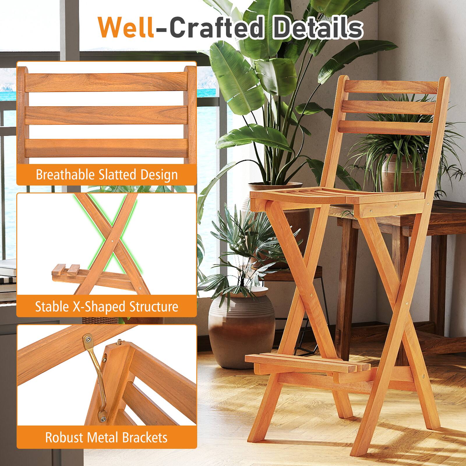 Gymax Outdoor Folding Bar Stools Set of 2 w/Backrest Footrest