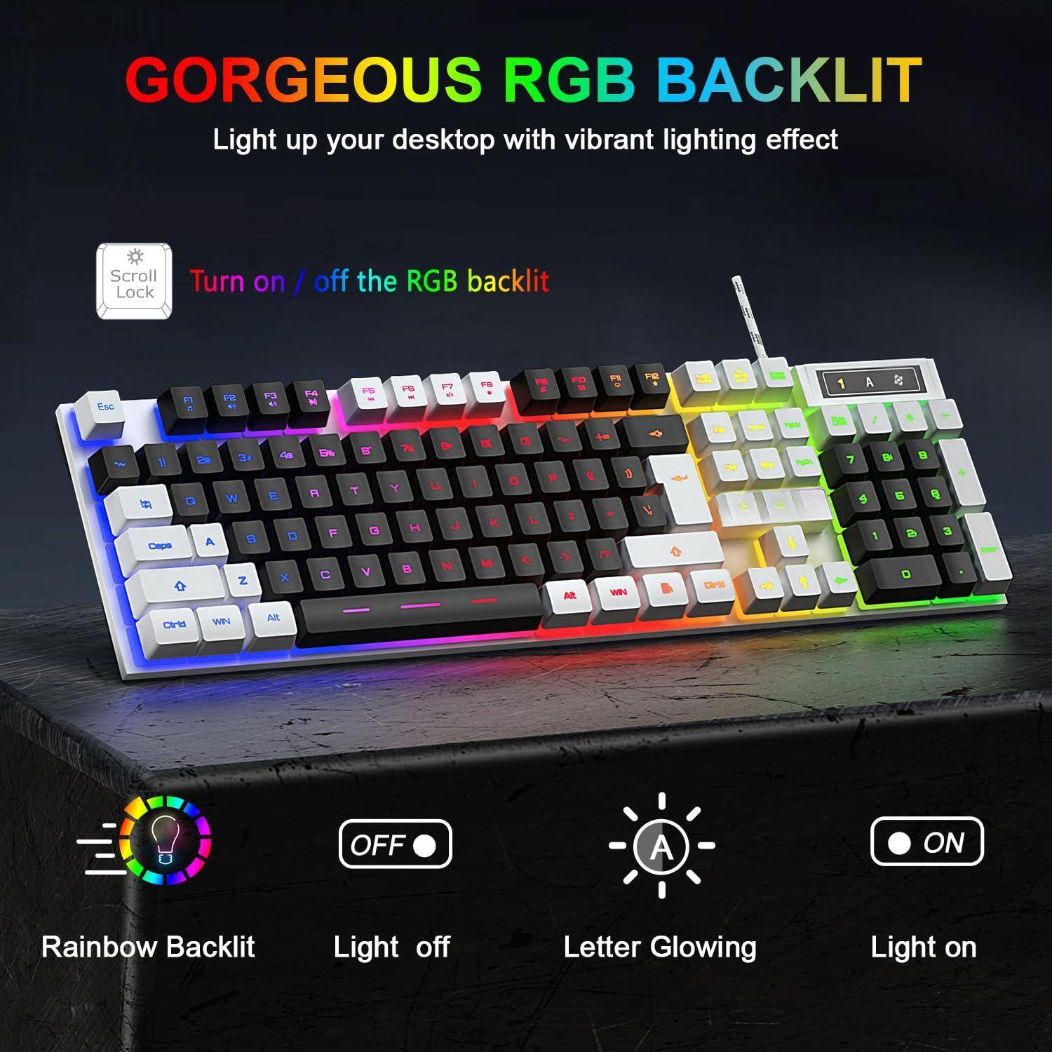 GORGEOUS RGB BACKLIT  
Light up your desktop with vibrant lighting effect  

Turn on / off the RGB backlit  

Scroll Lock  

Rainbow Backlit  
Light off  
Letter Glowing  
Light on