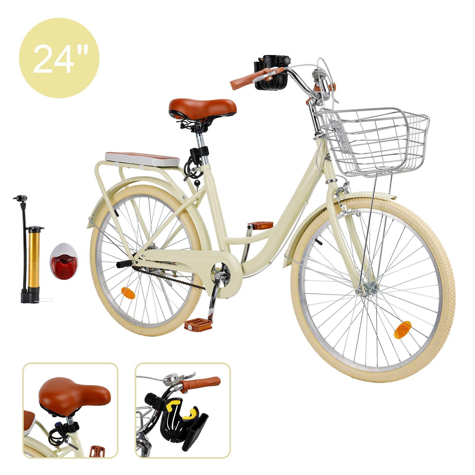 Alt View 4. Topteng - 24" Beach Cruiser Bike for Men/Women with Cup Holder, High Carbon Steel Frame, Dual Brakes, Rear Rack and Basket, Yellow - Yellow.
