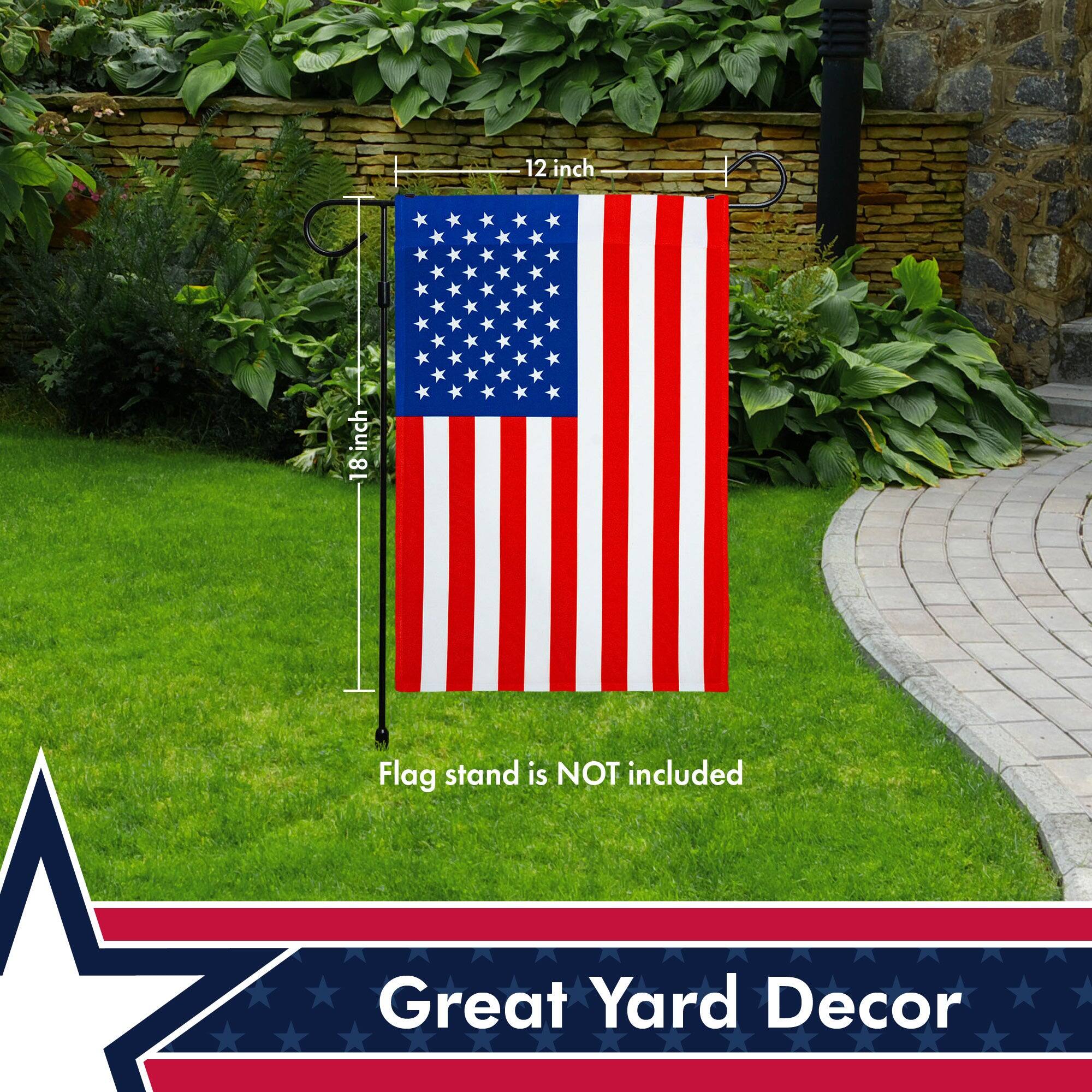 12 inch x 18 inch  
Flag stand is NOT included  
Great Yard Decor