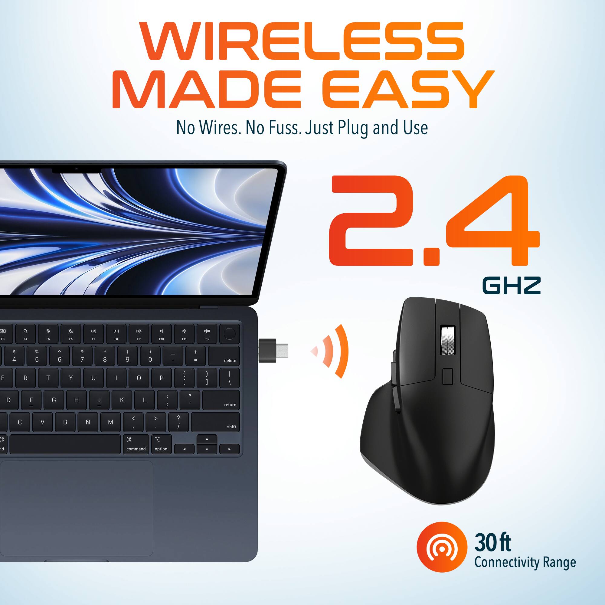 WIRELESS MADE EASY No Wires. No Fuss. Just Plug and Use 2.4 GHZ 30ft Connectivity Range