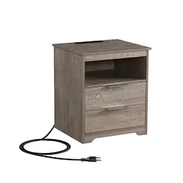 Loheer - Nightstand with Charging Station, Two Drawers and Open Shelf - Gray