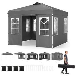 Costway - 10x10 FT Pop Up Canopy Tent with 4 Sidewalls, Adjustable Height, Reflective Strips - Gray
