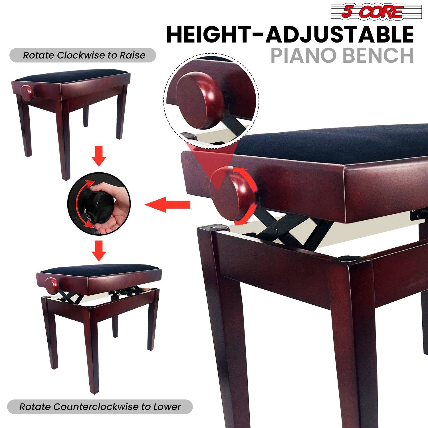 5 CORE HEIGHT-ADJUSTABLE PIANO BENCH
Rotate Clockwise to Raise
Rotate Counterclockwise to Lower