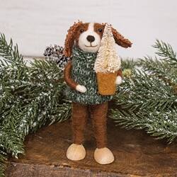 Angle. BreeBe - Dog with Tree Felted Ornament - Brown, Green, Cream.