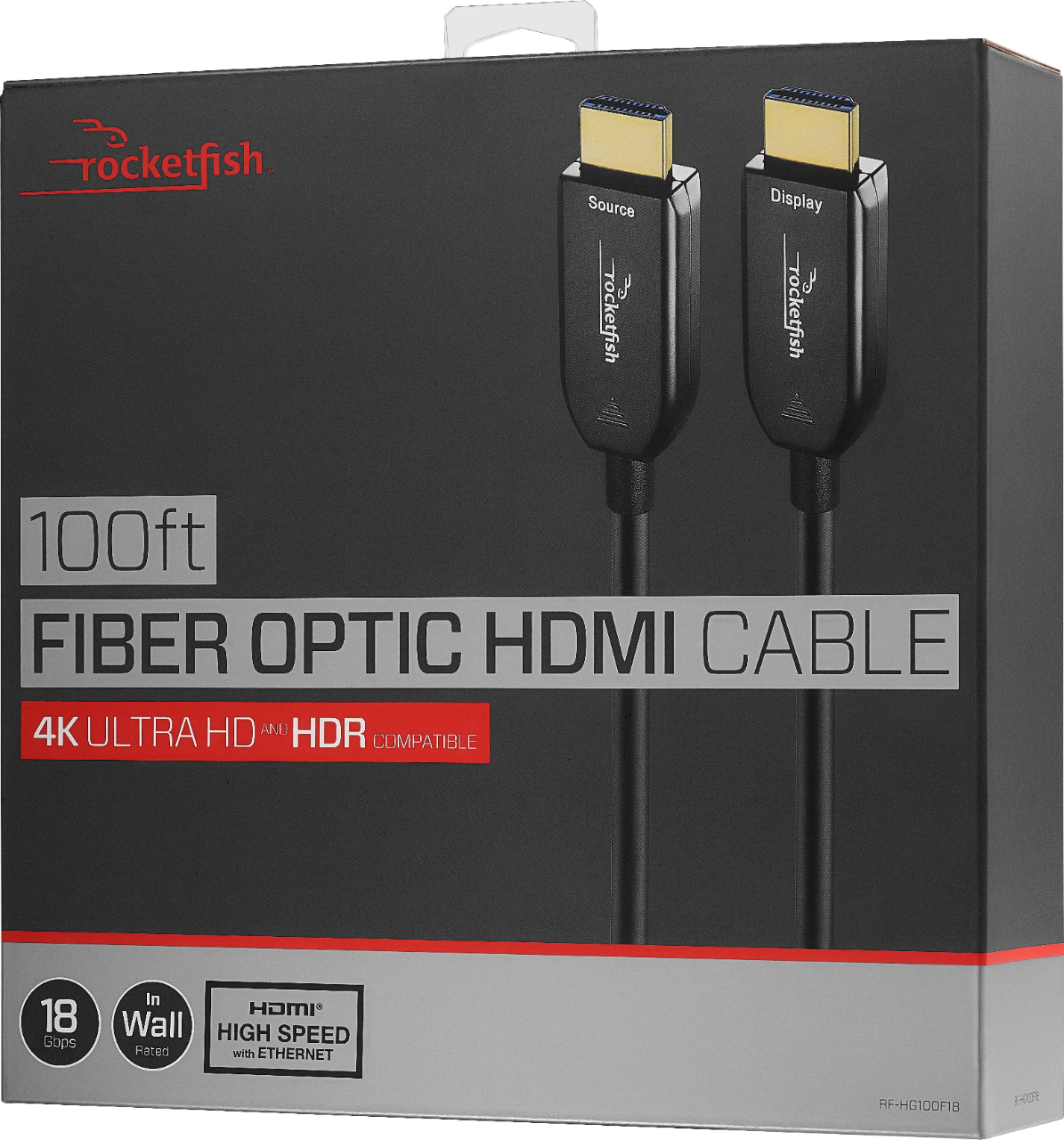 Rocketfish™ - 100' 4K UltraHD/HDR In-Wall Rated Active Fiber Optical HDMI Cable - Black