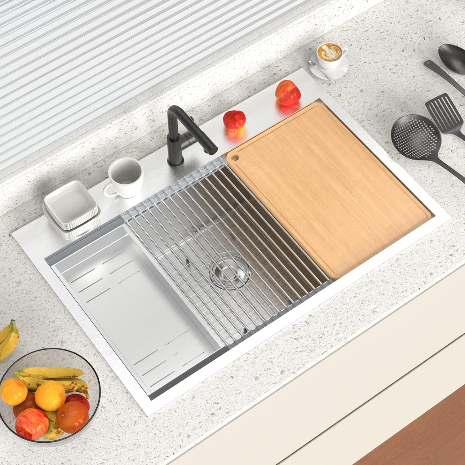 Angle. Winado - 33"L x 22"W x 9"H Top Mount Kitchen Sink with Cutting Board and Drying Rack for Food Prep Area & Kitchen Dishwashing Use - Silver.