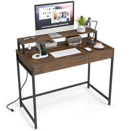 Costway - Computer Desk with Power Outlets, Compact Office Desk with Removable Monitor Shelf - Rustic Brown