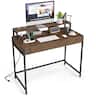 Costway - Computer Desk with Power Outlets, Compact Office Desk with Removable Monitor Shelf - Rustic Brown