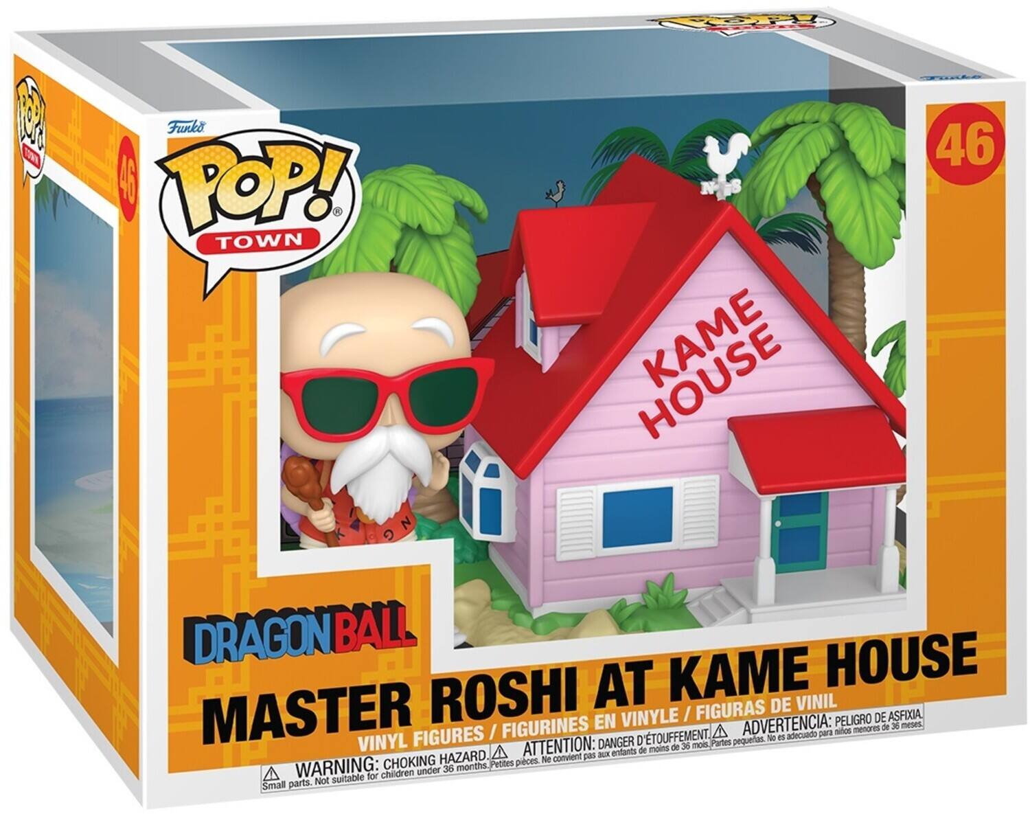 Sure, here is the corrected and grouped text from the image:

---

**Funko POP! TOWN**

**46**

**DRAGONBALL**

**MASTER ROSHI AT KAME HOUSE**

**VINYL FIGURES / FIGURINES EN VINYLE / FIGURAS DE VINIL**

**WARNING: CHOKING HAZARD. Small parts. Not suitable for children under 36 months.**

**ATTENTION: DANGER D'ÉTOUFFEMENT. Petites pièces. Ne convient pas aux enfants de moins de 36 mois.**

**ADVERTENCIA: PELIGRO DE ASFIXIA. Partes pequeñas. No es adecuado para niños menores de 36 meses.**

---

This text is organized to reflect the information on the packaging.